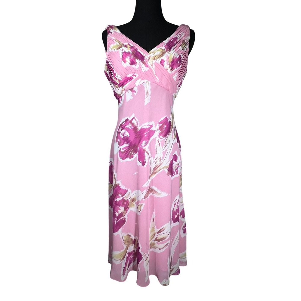 Adrianna Papell Pink Floral Watercolor Pleated V-Neck Sleeveless Midi Dress Sz 4